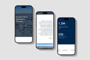 Three smartphones display a real estate website. The screens show text about strategic retail, company overview, and statistics, including 1.5M+ sq. ft. and 250+ tenants, with a city aerial photo in the background.