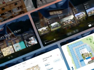 Several overlapping website interface screens for Imagination Homes display real estate content, including home listings with images, property details, interactive maps, and neighborhood plans—all presented in a modern, TV Kiosk-inspired design. | Terrain