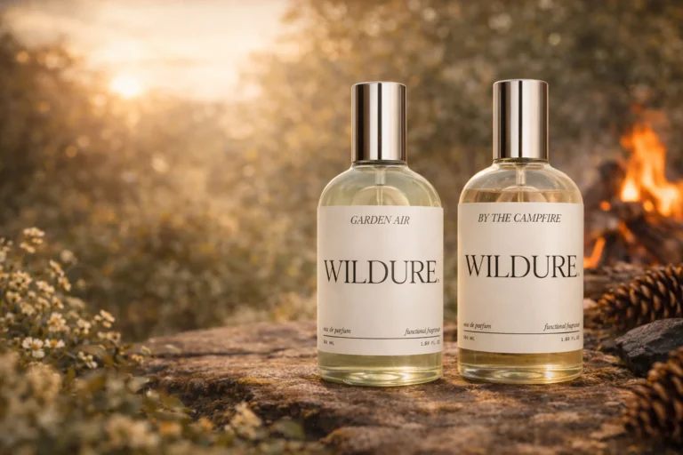 Two bottles of WILDURE perfume labeled “GARDEN AIR” and “BY THE CAMPFIRE” sit on a rock outdoors, with a campfire and pinecones in the blurred background at sunset. | Terrain