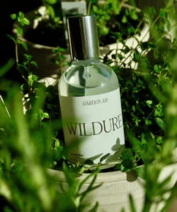 A bottle of WILDURE Garden Air eau de parfum with a silver cap is nestled among lush green plants in sunlight. | Terrain