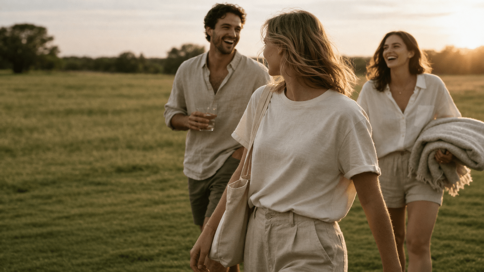 Three friends walk through a grassy field at sunset, smiling and talking. One person carries a drink, another holds a blanket, and they all wear light, casual summer clothes. The mood is relaxed and cheerful. | Terrain