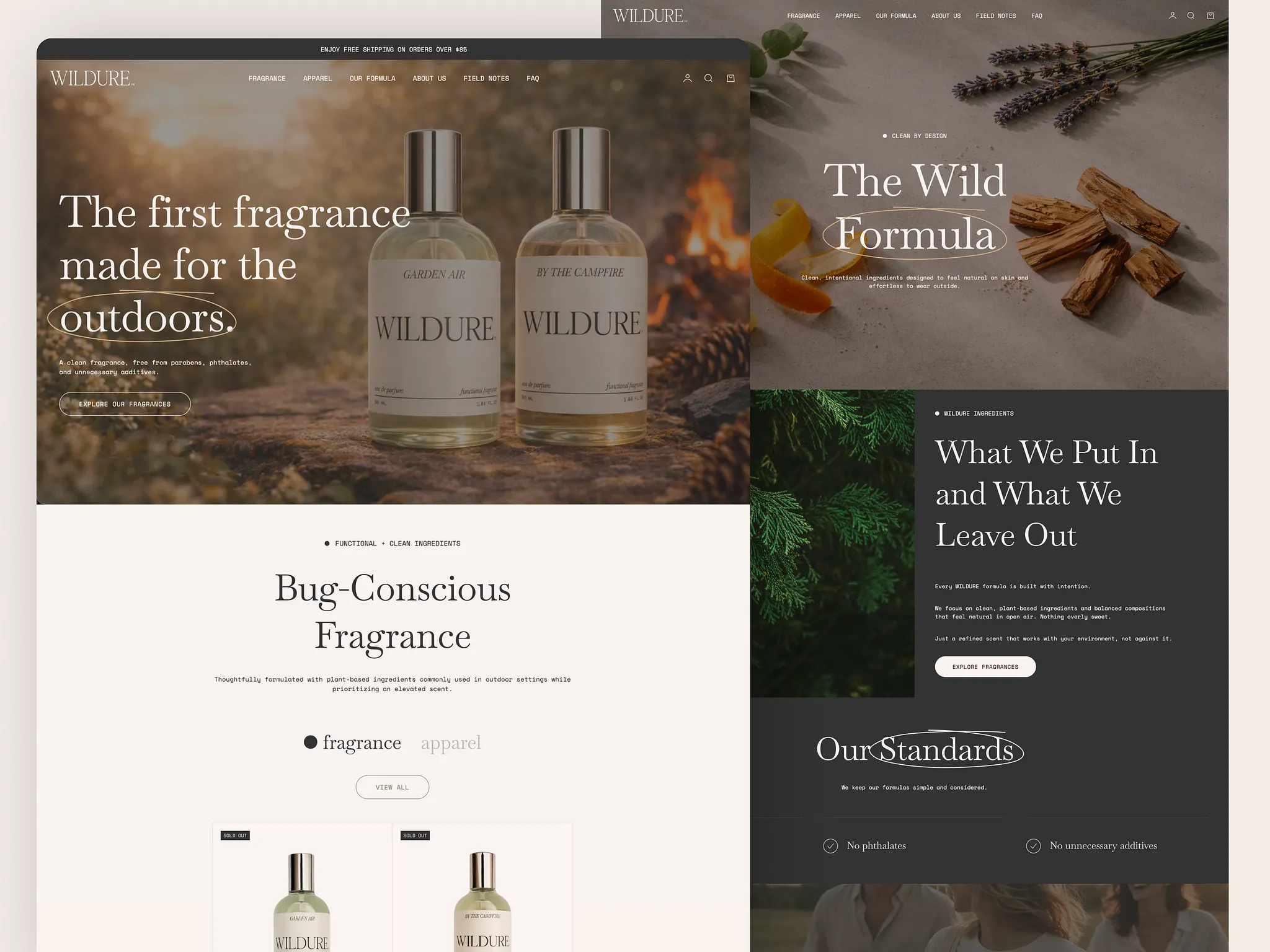 A website homepage for a fragrance brand features images of perfume bottles outdoors, natural ingredients, and sections about the brand’s formula, standards, and what is included or excluded from their products. | Terrain