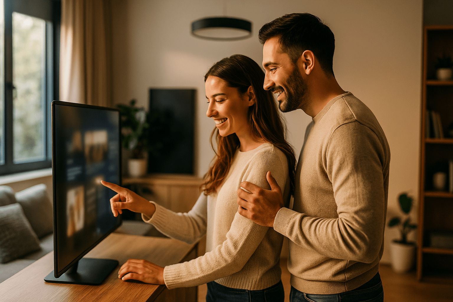 A smiling couple stands together in a cozy living room, selecting something on a computer screen. The woman is pointing at the monitor while the man stands beside her with his arm gently around her shoulders. | Terrain