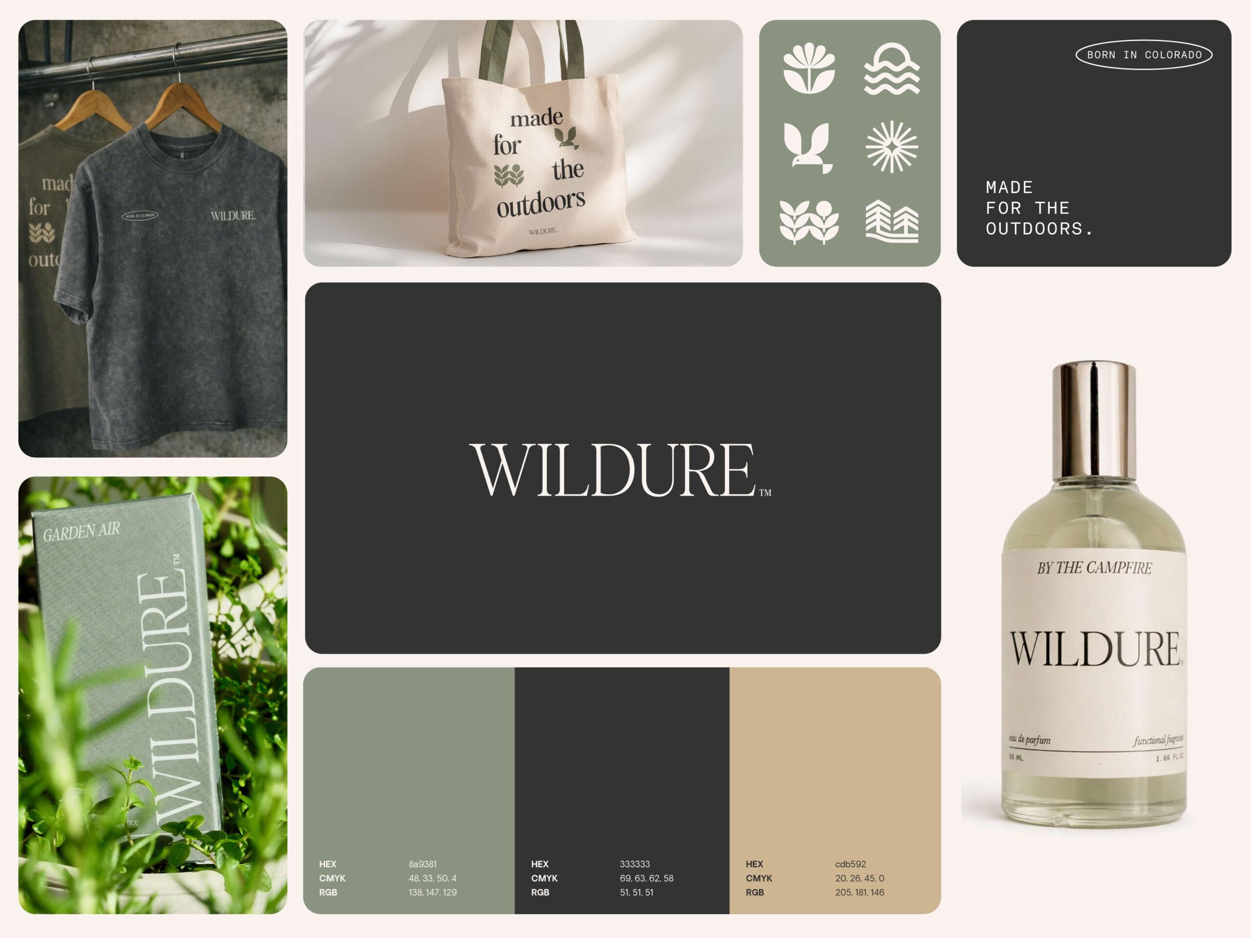 A brand mood board for WILDURE shows earthy-toned shirts, a canvas tote, a perfume bottle, greenery, color swatches, outdoor-themed icons, and the phrases “MADE FOR THE OUTDOORS” and “BORN IN COLORADO.”. | Terrain