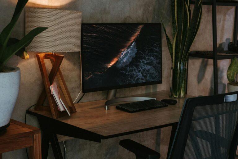 A modern wooden desk with a computer displaying an ocean wave—perfect for Denver Web Design projects—sits next to a beige-shaded lamp, books, and tall potted plants. A black mesh chair is placed in front of this inspiring workspace. | Terrain