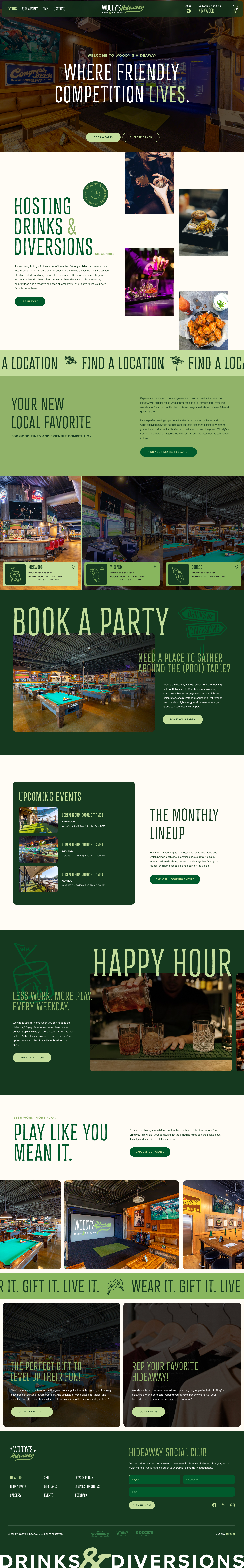 Woody's Hideaway promotes a lively bar with games, showcasing drinks, people playing, event listings, happy hour specials, and party bookings. Energetic green and gold tones set a social vibe for unforgettable nights. | Terrain