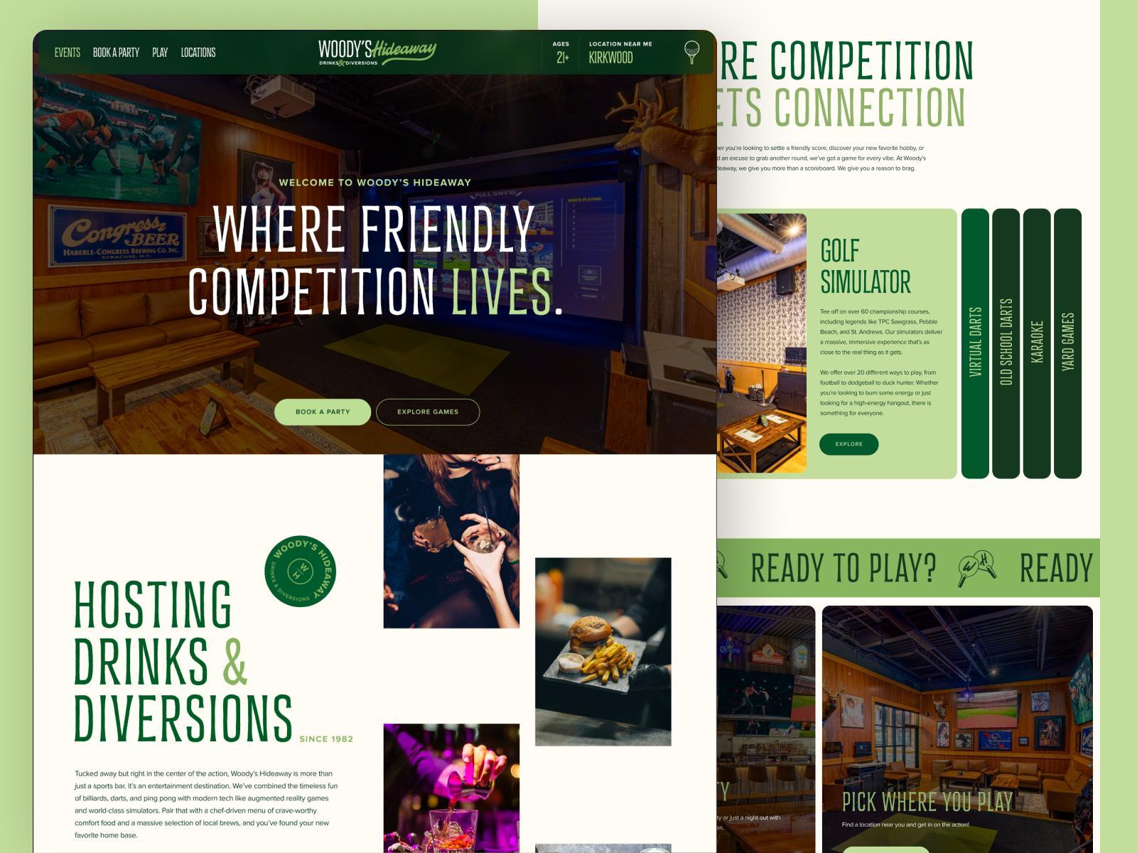 Website homepage for Woody’s Hideaway, featuring bold text “Where Friendly Competition Lives,” images of golf simulations, drinks, burgers, and a green and brown color scheme with easy navigation menus and Woody’s Hideaway booking options. | Terrain